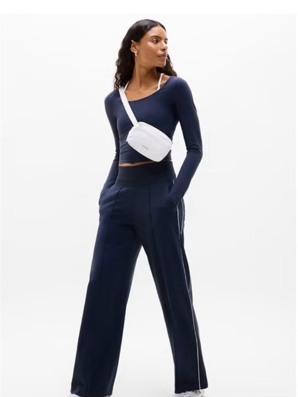 Athleta Venice Navy High Rise Track Stripe Wide Leg Pant Sz. S